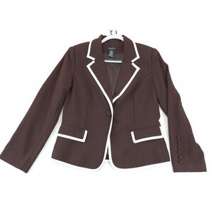 Spense Blazer Jacket Women M Button Brown White Trim Long Sleeve Business Causal